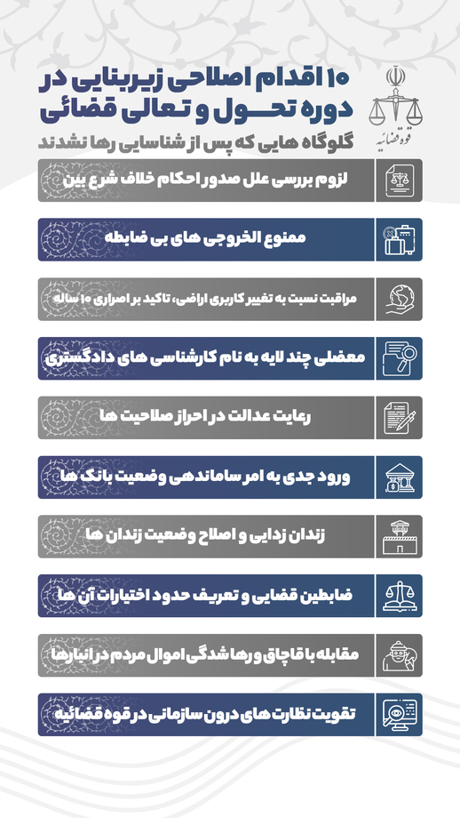 ۱۰ اقدام اصلاحی زیربنایی در دوره تحول و تعالی قضائی